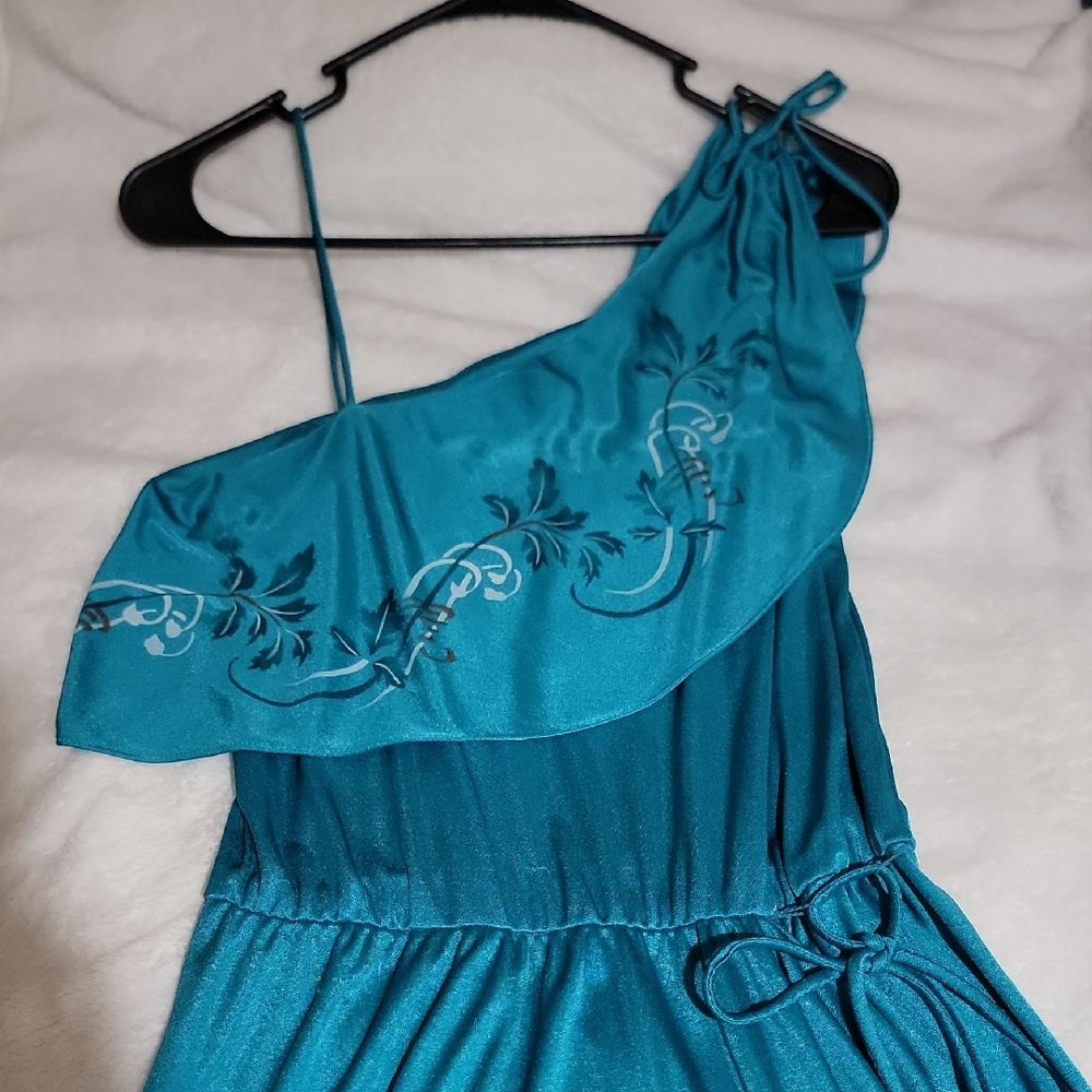 Vintage 70s Teal One-Shoulder Dress with Floral Detail